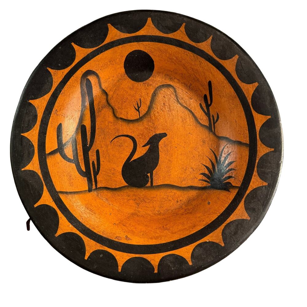 Southwest Decor Shallow Bowl Desert Coyote Moon Cactus Black Terra Cotta Vintage